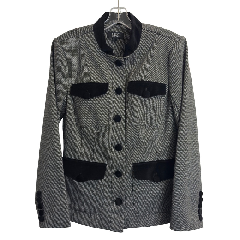 If Only Studio Womens 8 Black White Patterned Blazer Velvet Trim Mandarin Collar